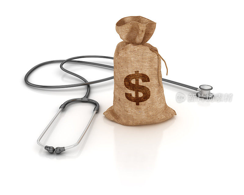 金钱袋美元与听诊器- 3D渲染